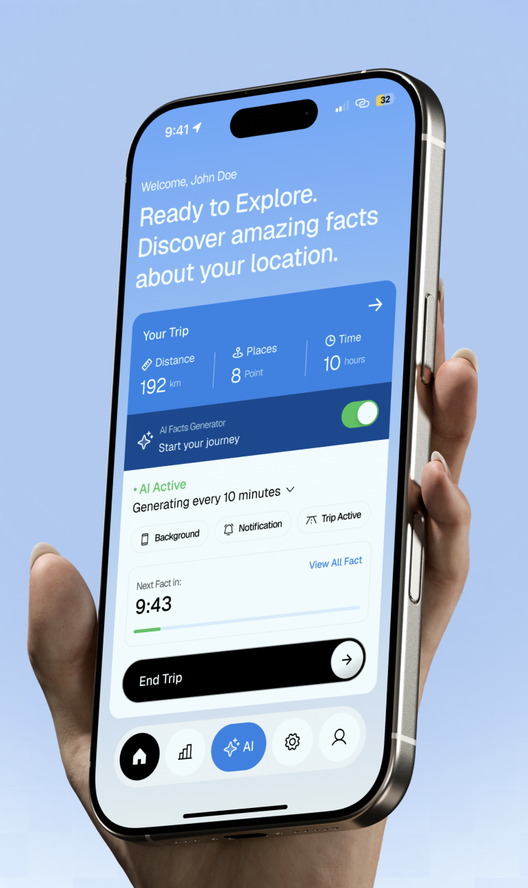 Roadguide app screenshot showing AI-narrated travel facts on a family road trip through scenic locations