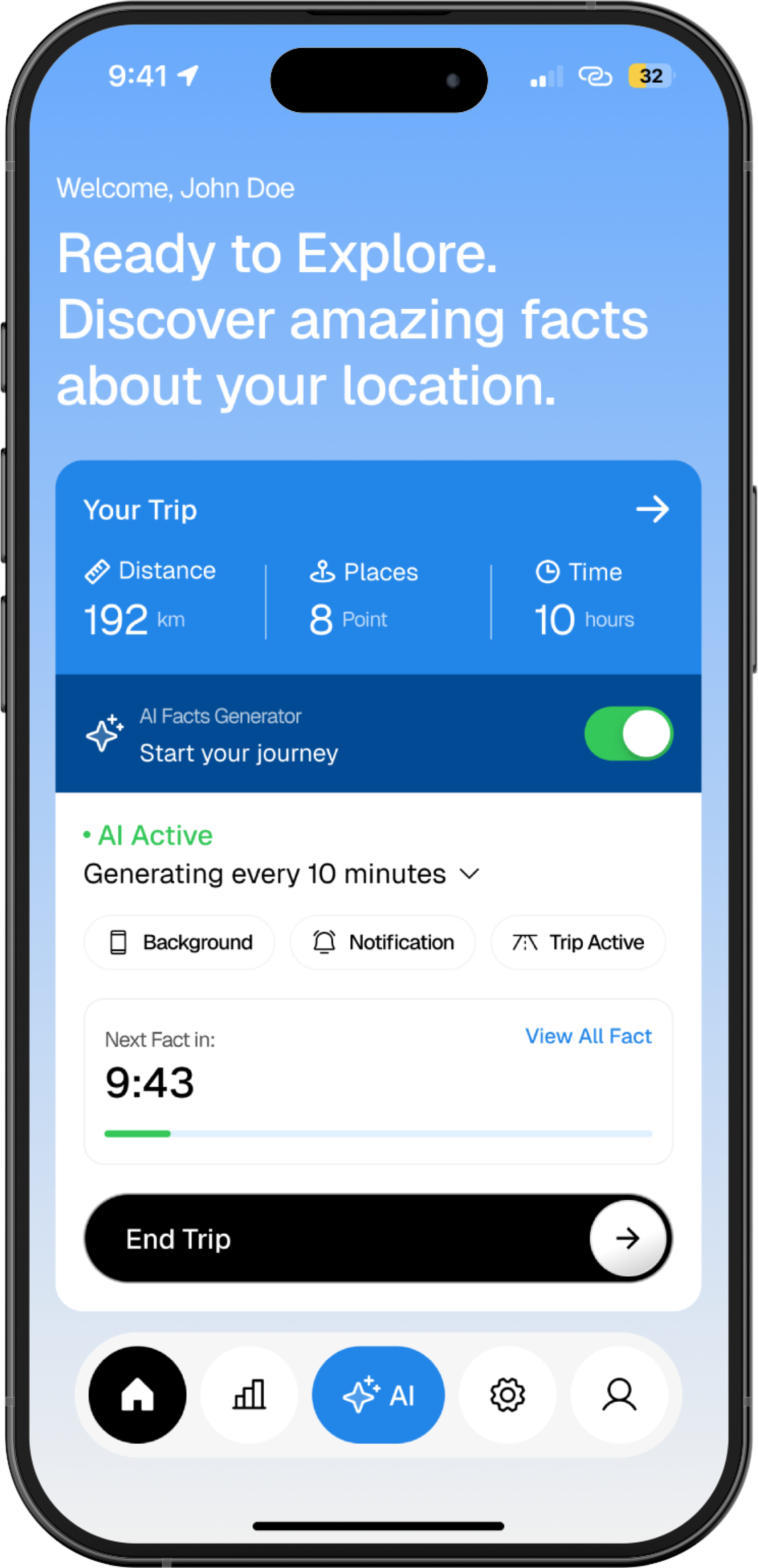 Roadguide main view showing hands-free audio narration of road trip facts for families